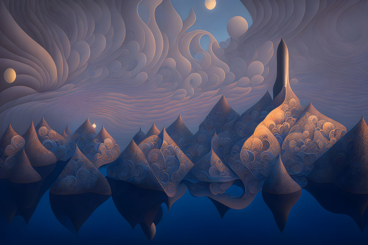 Patterned Hills and Wavy Sky with Orbs in Surreal Landscape