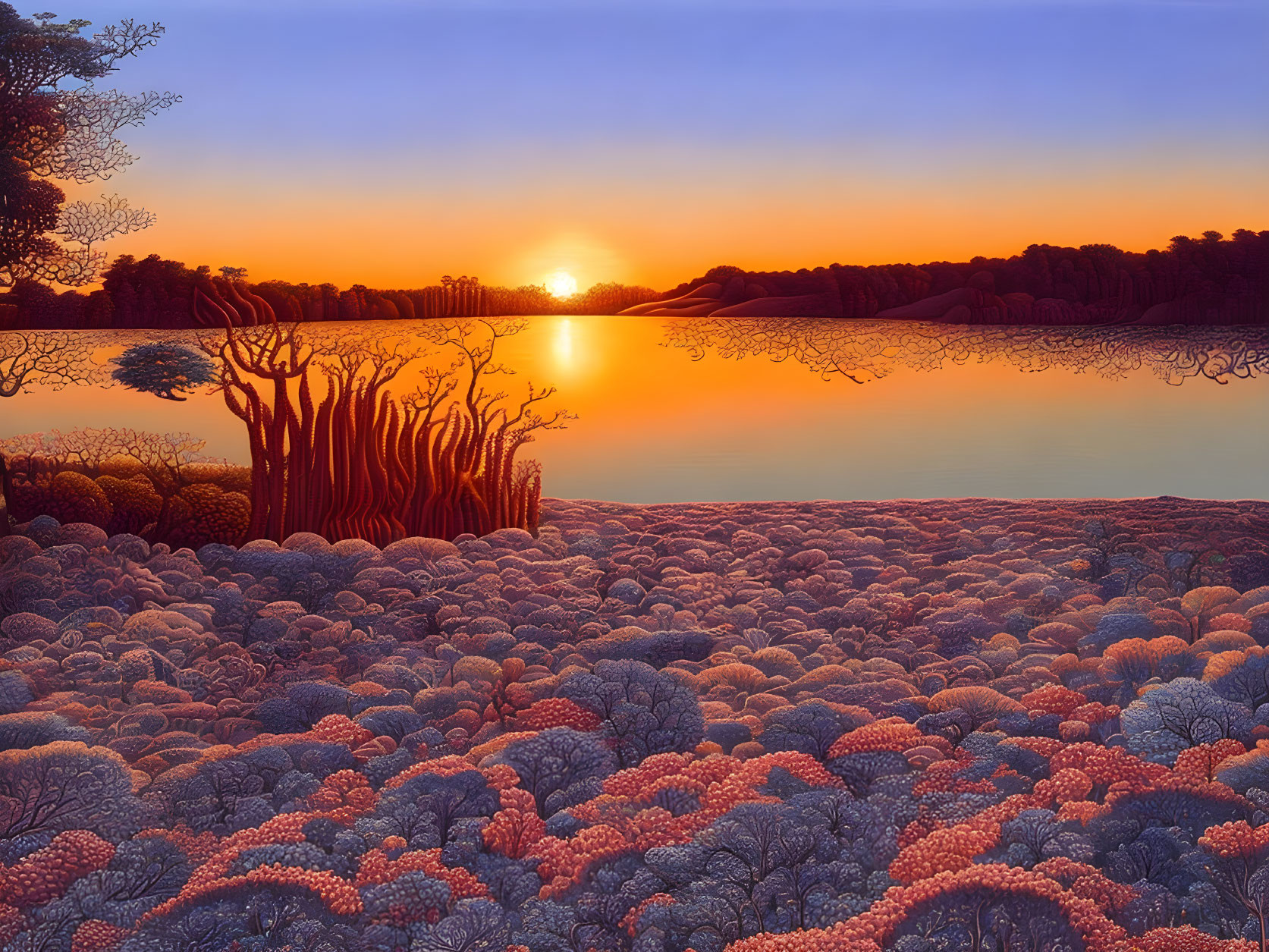 Colorful sunset painting over tranquil lake with vibrant flora and silhouetted trees.