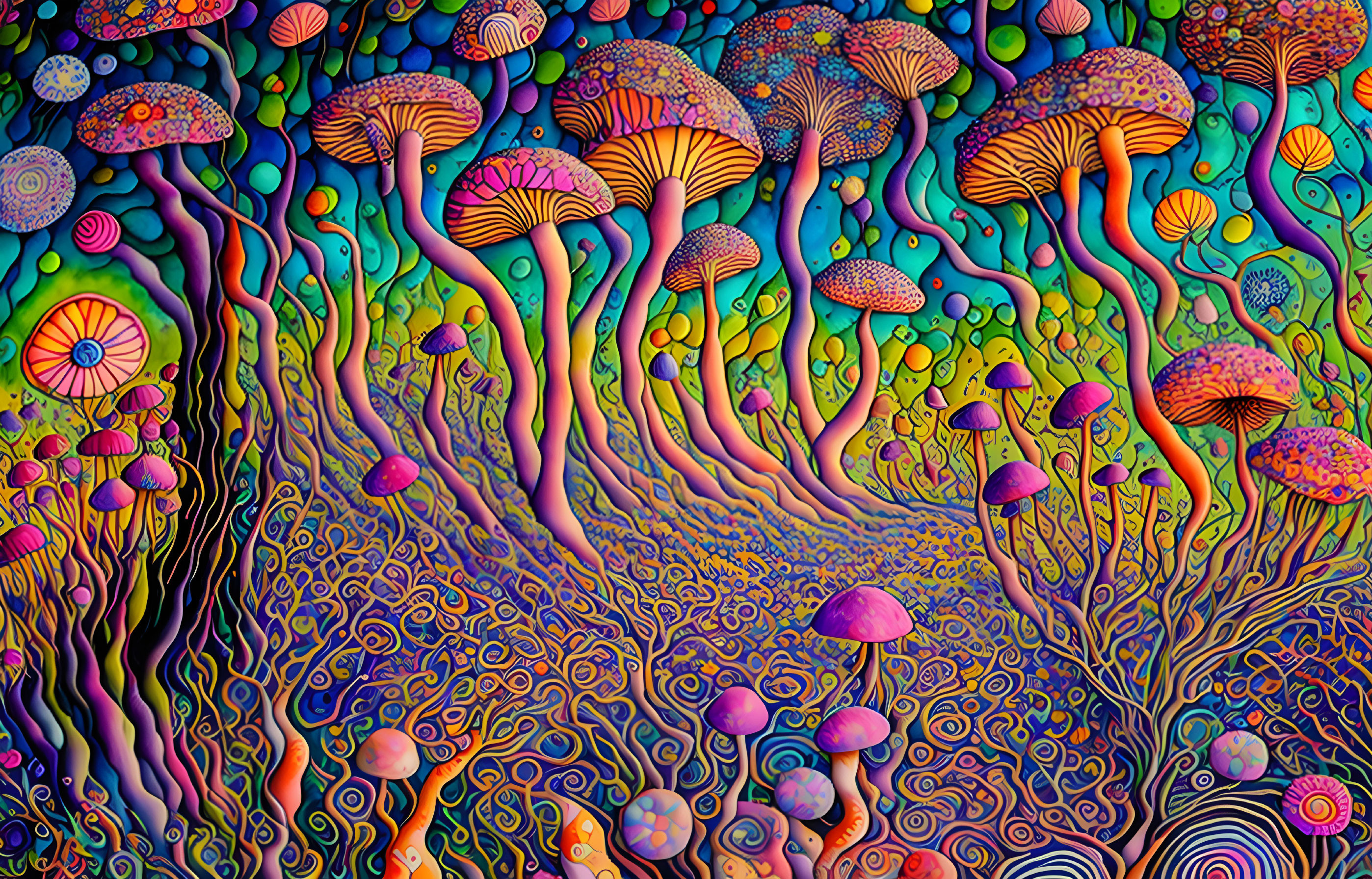 Colorful Psychedelic Mushroom and Plant Illustration with Swirling Patterns