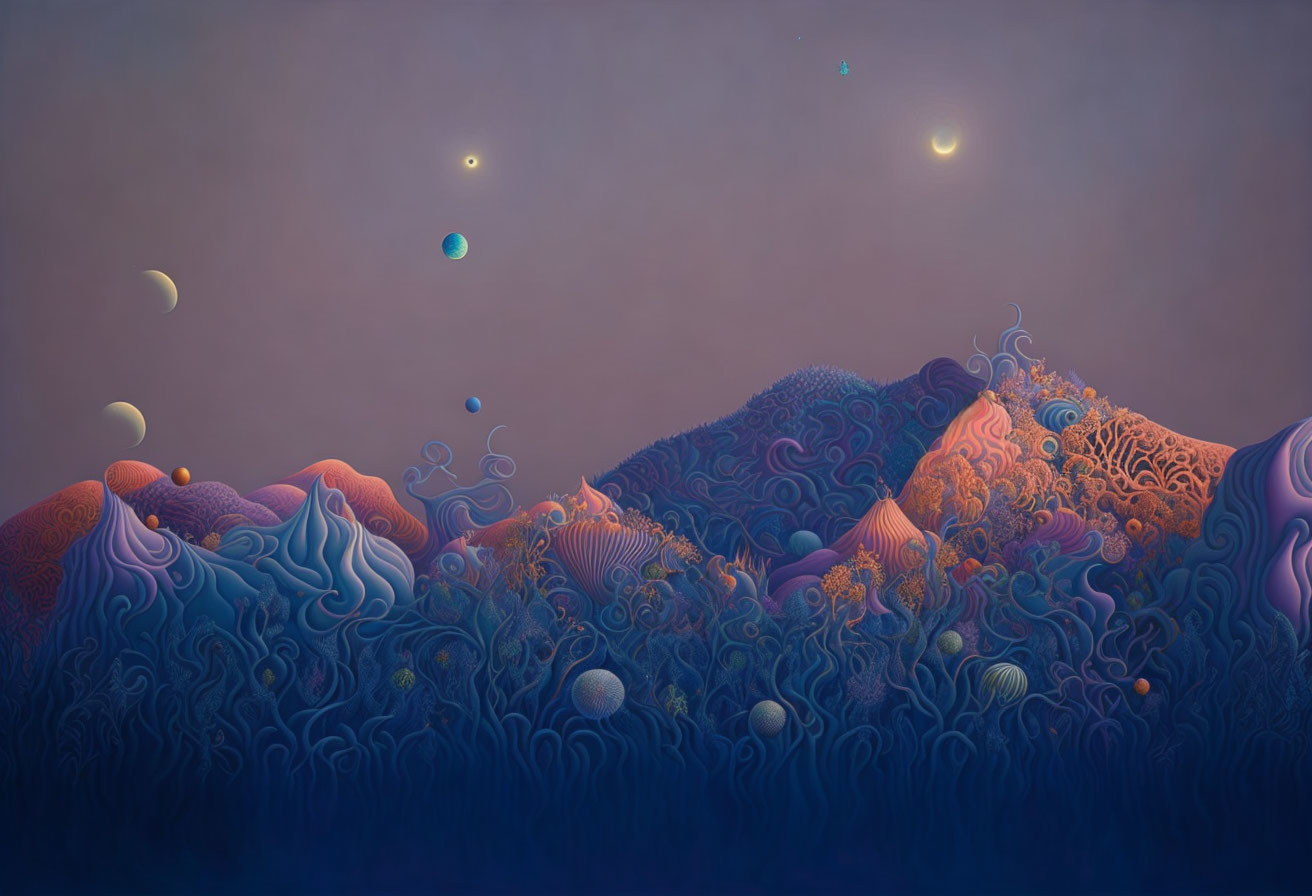 Stylized surreal landscape with wavy mountains under twilight sky