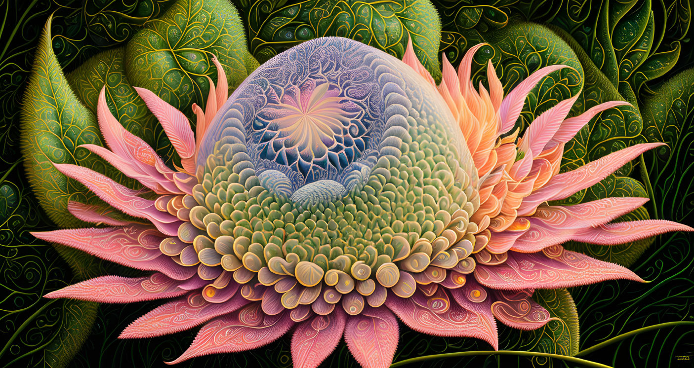 Symmetrical fractal art with intricate patterns in warm pink and green