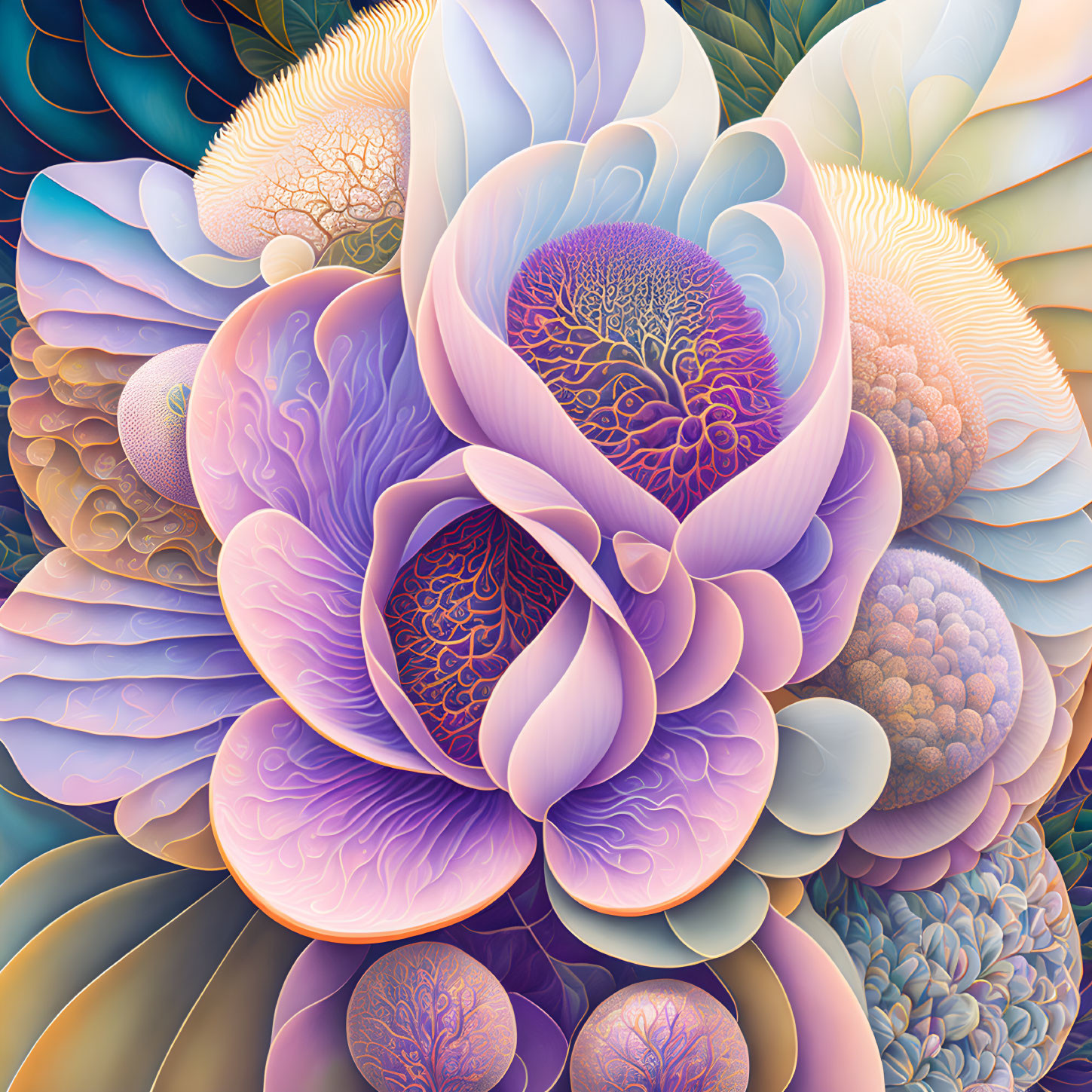 Abstract 3D flower art with vibrant colors and intricate patterns