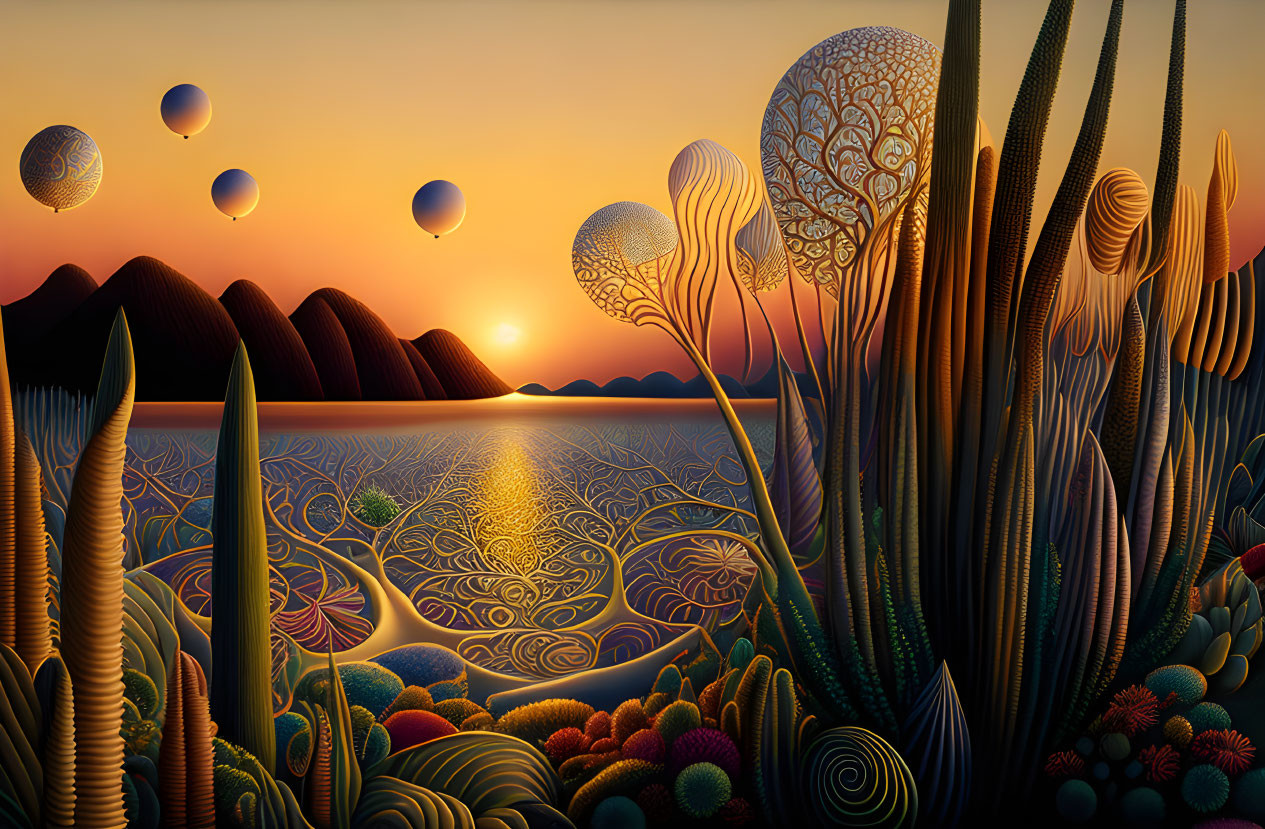 Surreal landscape with stylized plants, hot air balloons, hills, and sunset