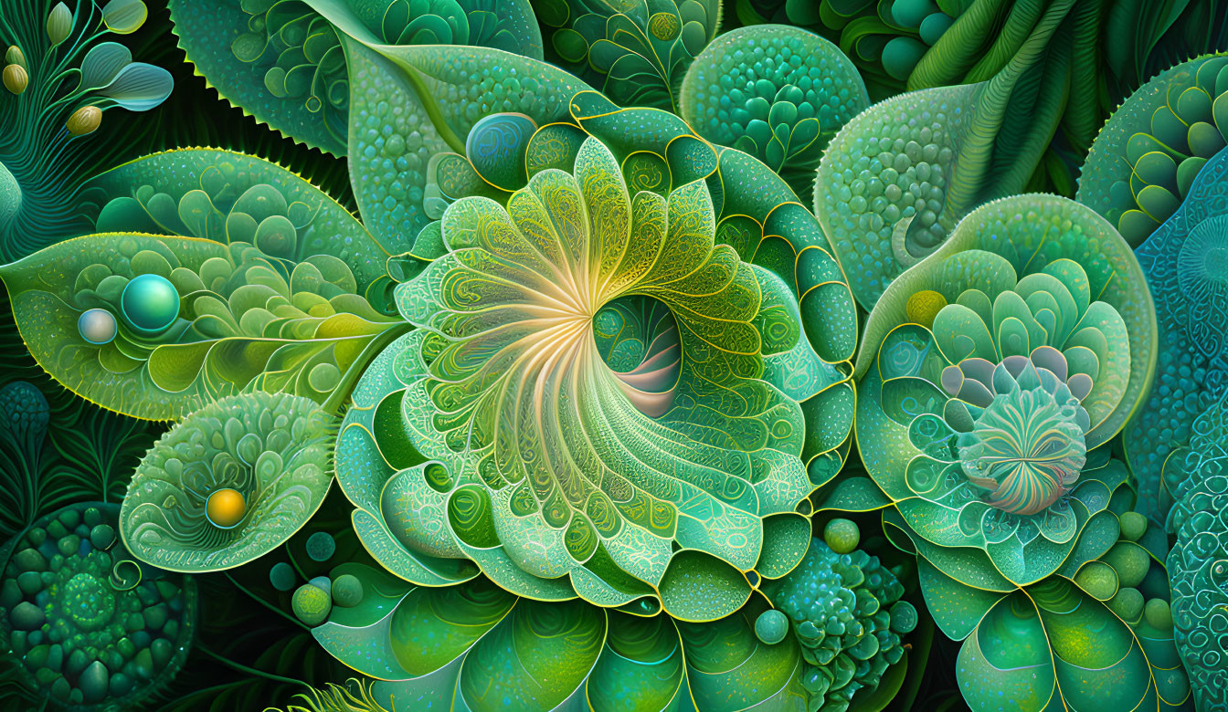 Detailed Fractal Design with Green Foliage Patterns and Blossoming Flower Spiral