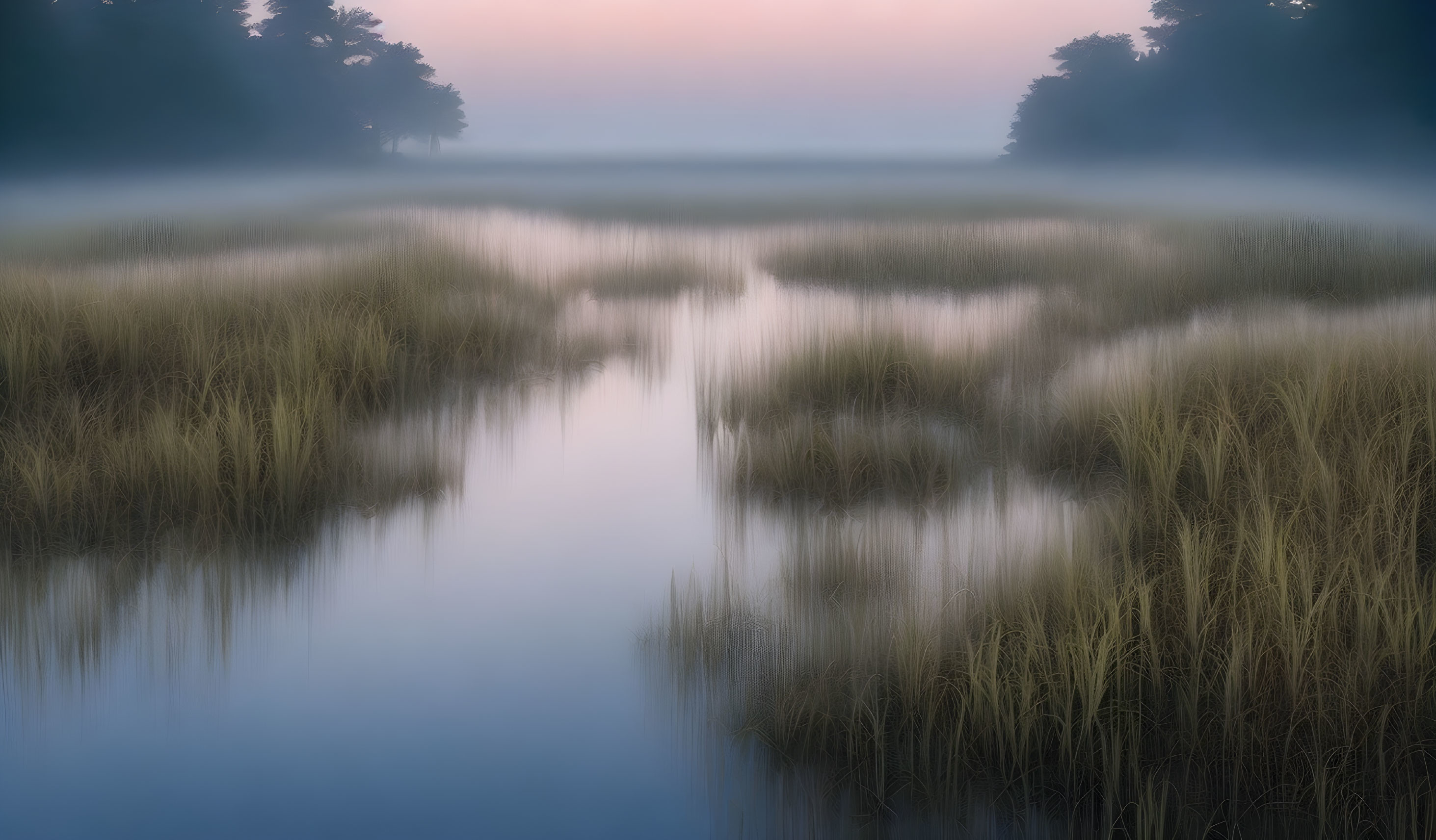 Tranquil marshland with tall grasses and winding water pathways at dawn or dusk