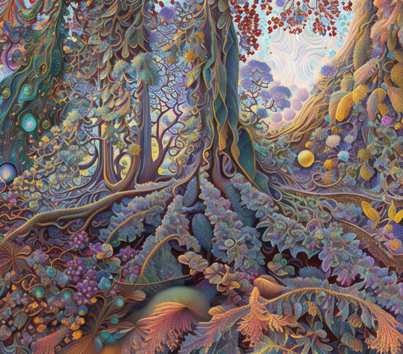 Colorful Psychedelic Forest Artwork with Swirling Patterns