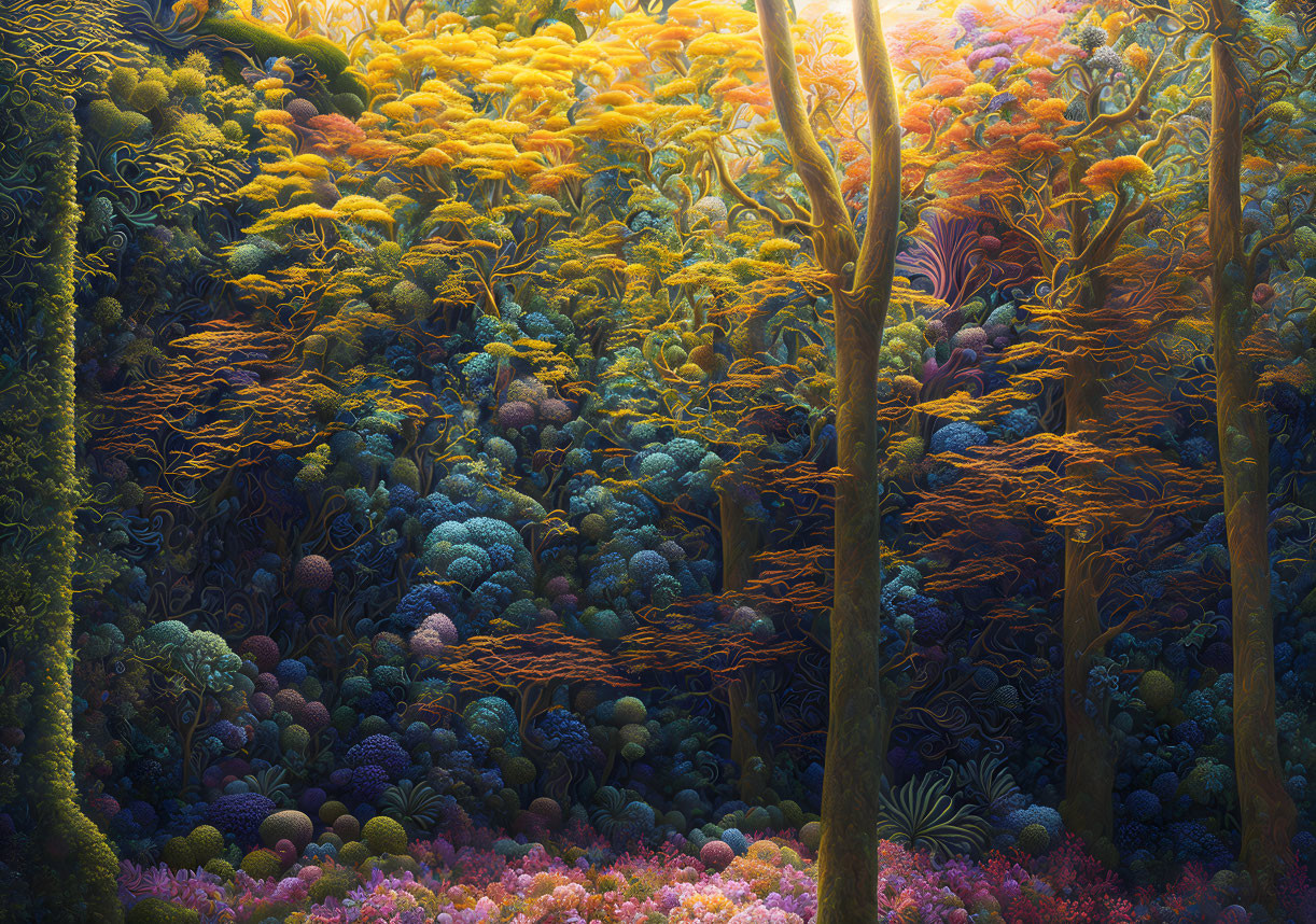 Colorful fantastical forest with diverse textures and ethereal glow