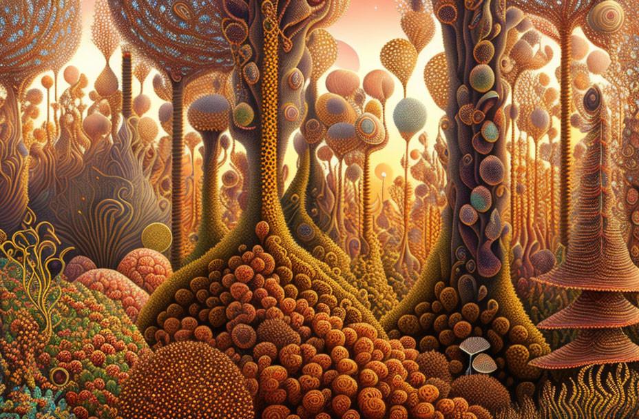 Colorful surreal landscape with tree-like structures and spherical shapes