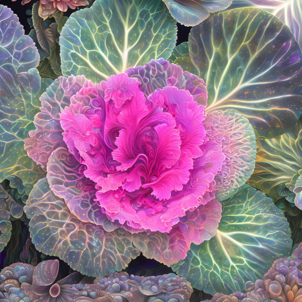 Colorful digital artwork: Pink and purple fractal cabbage with glowing plants