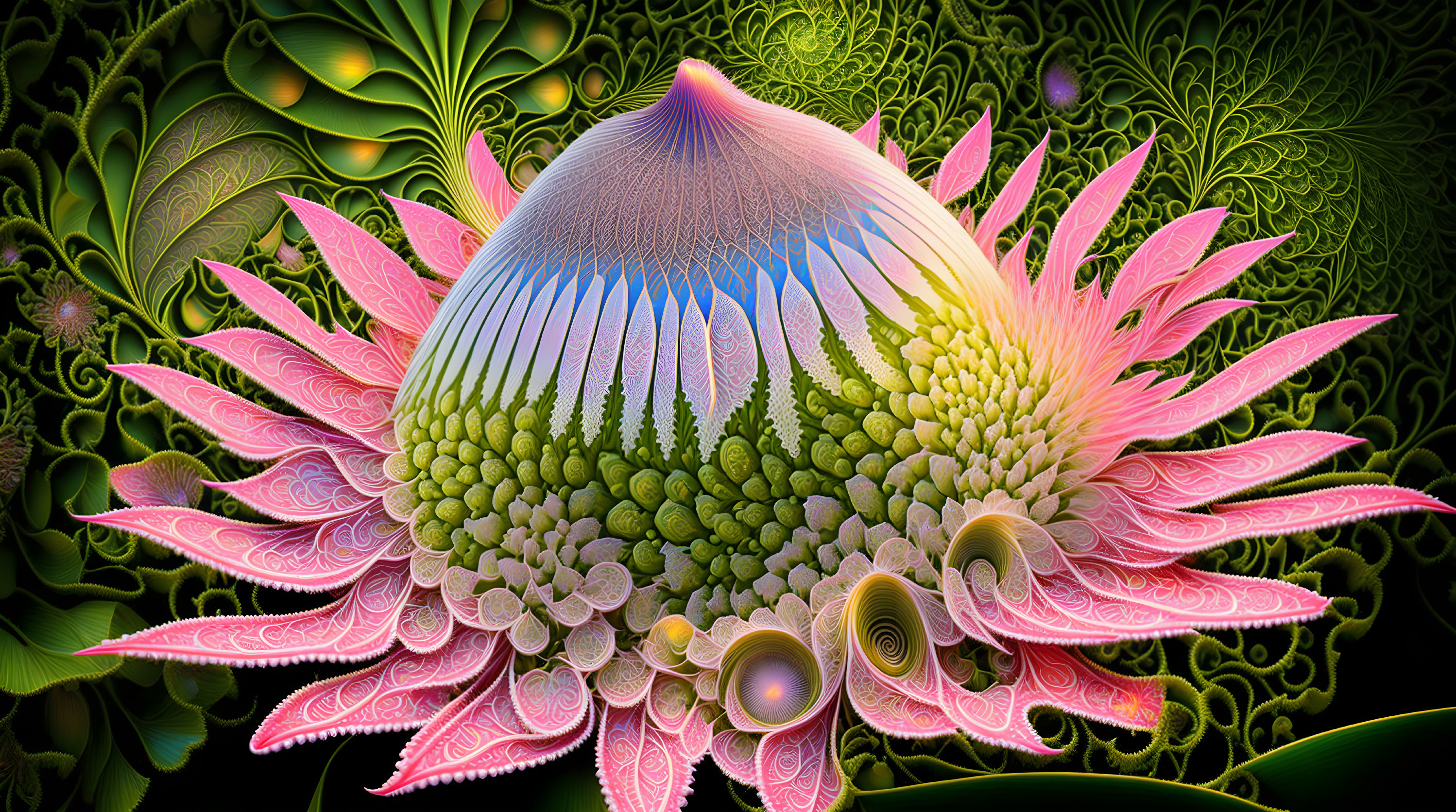 Surreal blooming flower with intricate patterns on dark background