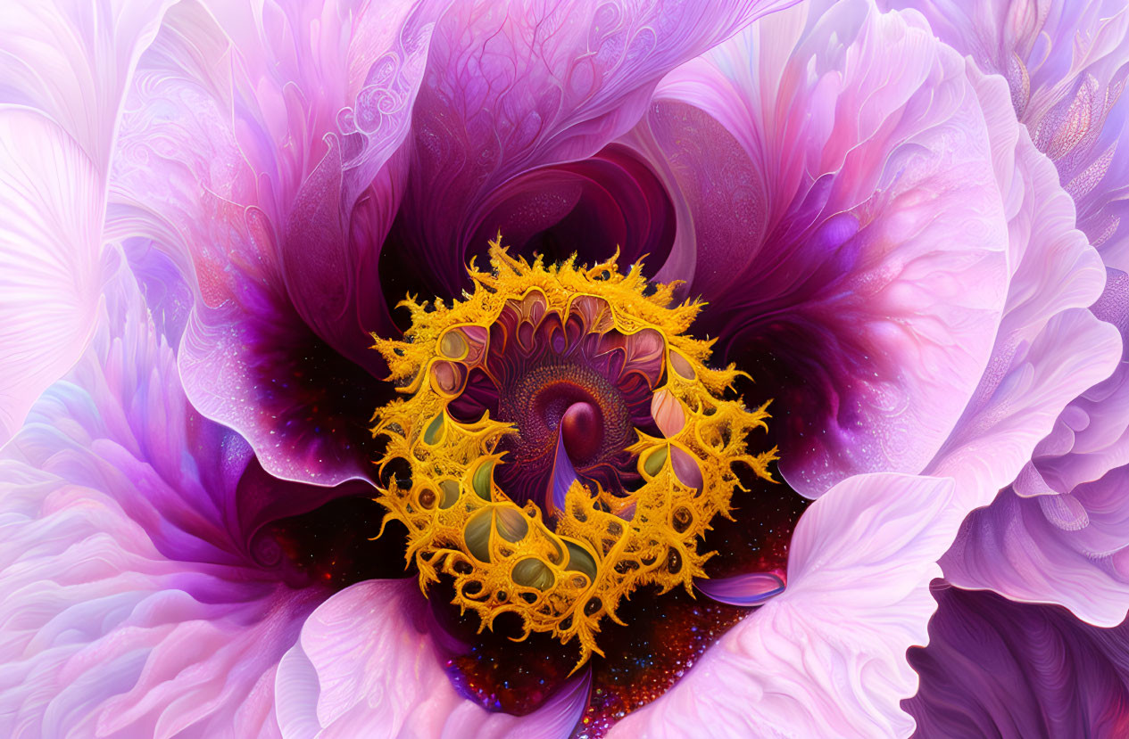 Fractal digital art: Sun-like center with swirling purple and pink petals