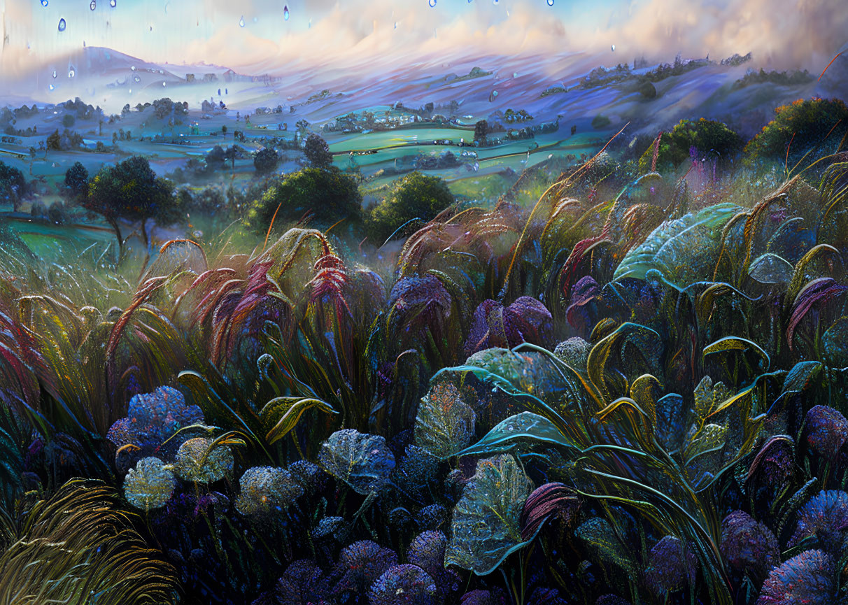 Detailed painting of lush field with colorful plants and rolling hills under dawn/dusk sky