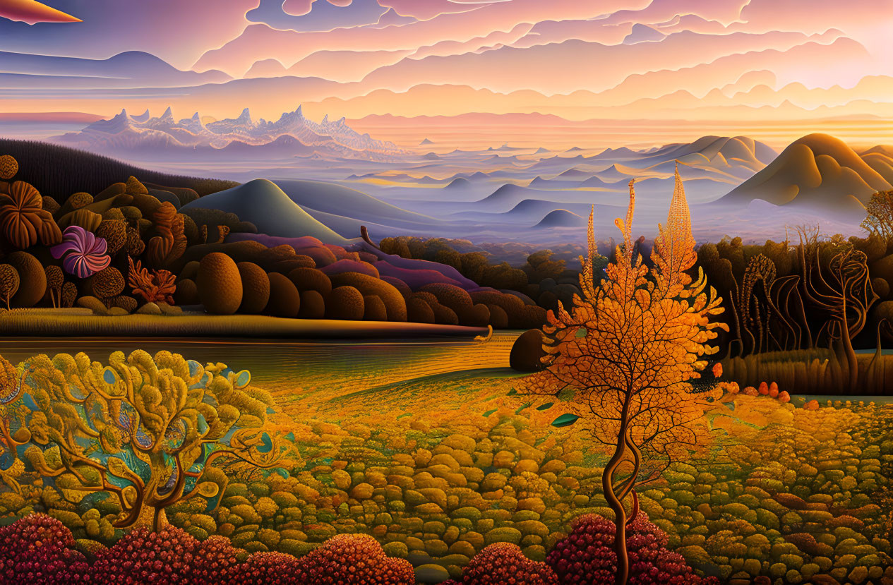 Colorful stylized landscape with rolling hills, diverse trees, and mountains under a multicolored sunset