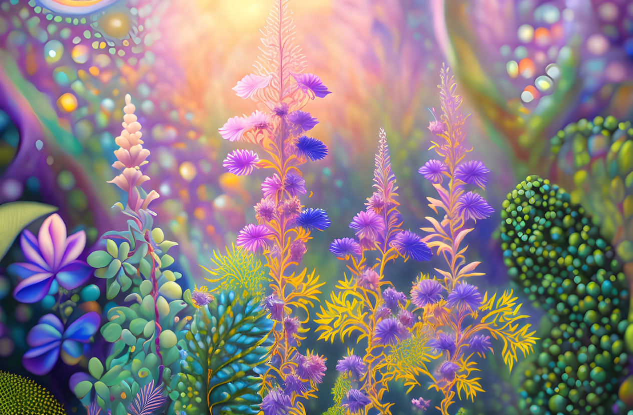 Colorful surreal garden with fantasy plants and bokeh effect