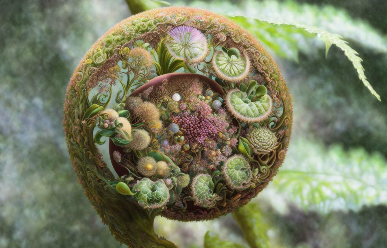 Spherical botanical digital artwork with intricate textures