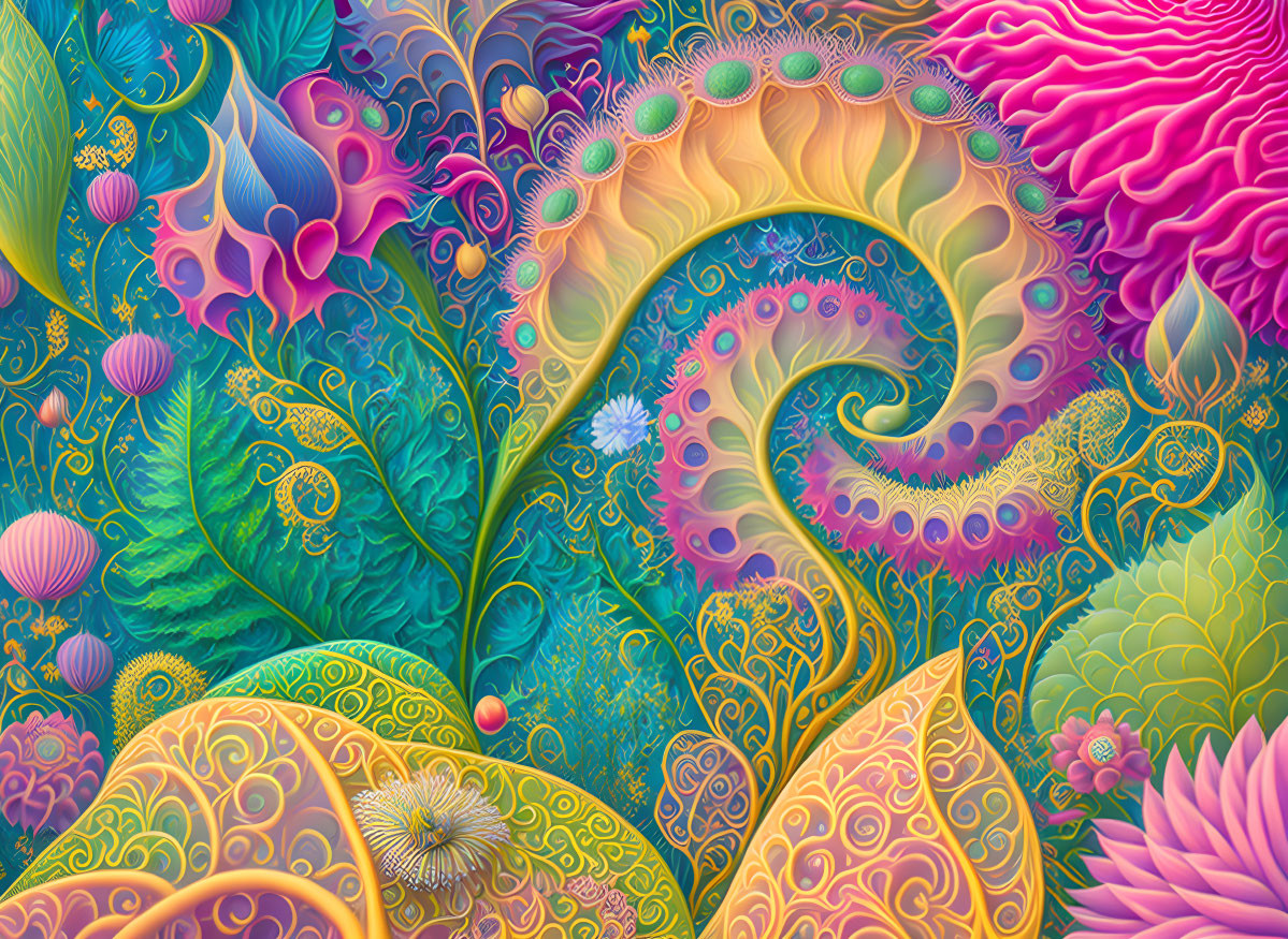 Colorful abstract floral patterns in vibrant psychedelic illustration