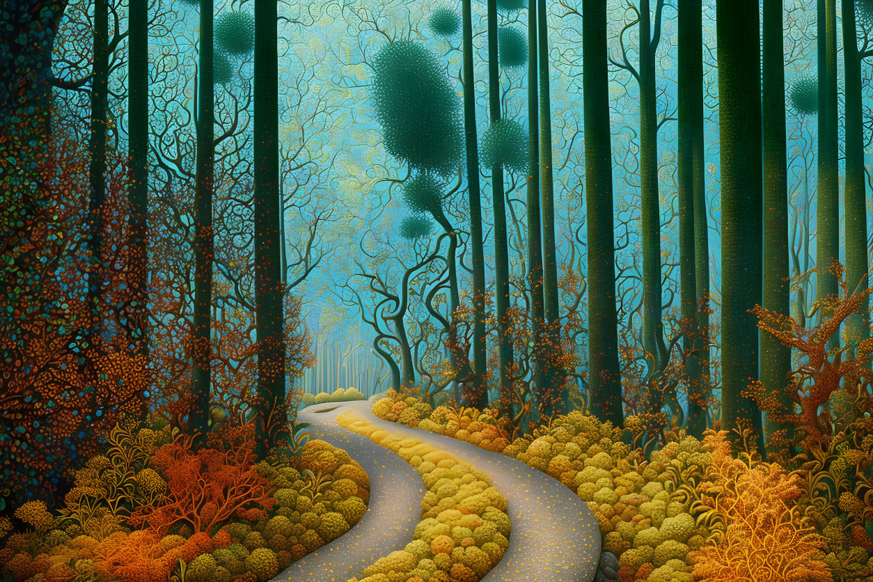 Fantastical forest path with oversized vibrant flora in rich colors