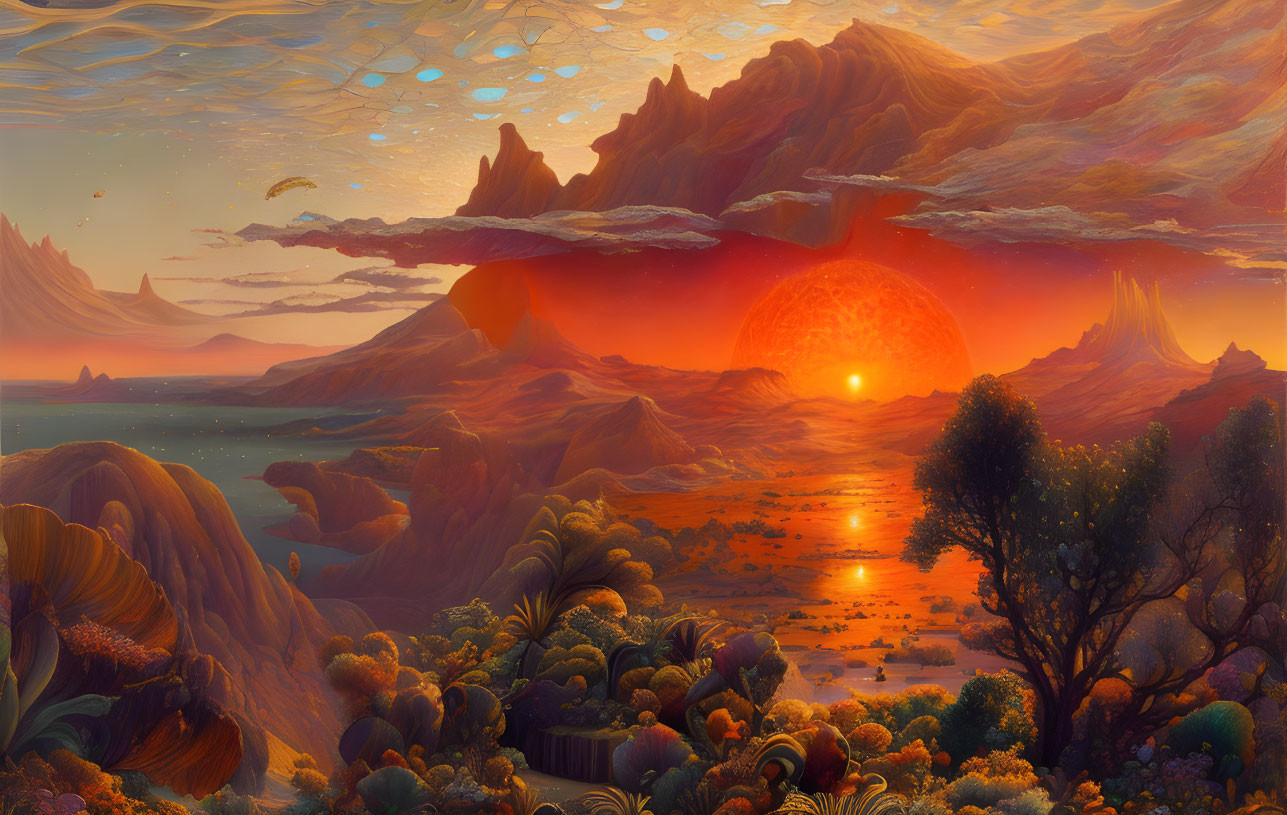 Colorful alien landscape with massive sun setting behind mountains