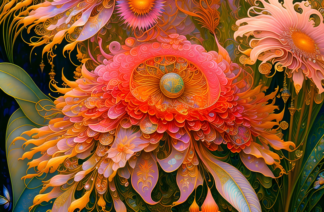 Colorful Floral-Like Fractal Patterns in Orange, Red, and Yellow