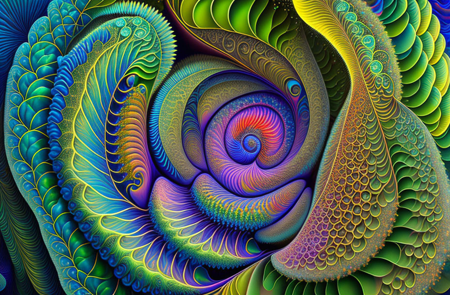 Colorful fractal pattern with intricate spirals in blues, greens, and purples