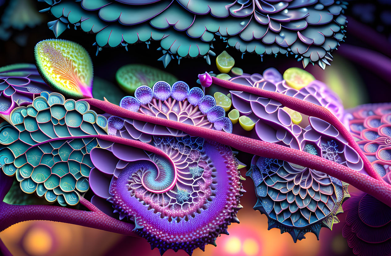 Colorful fractal patterns in purple, blue, and green hues with intricate spiraling textures