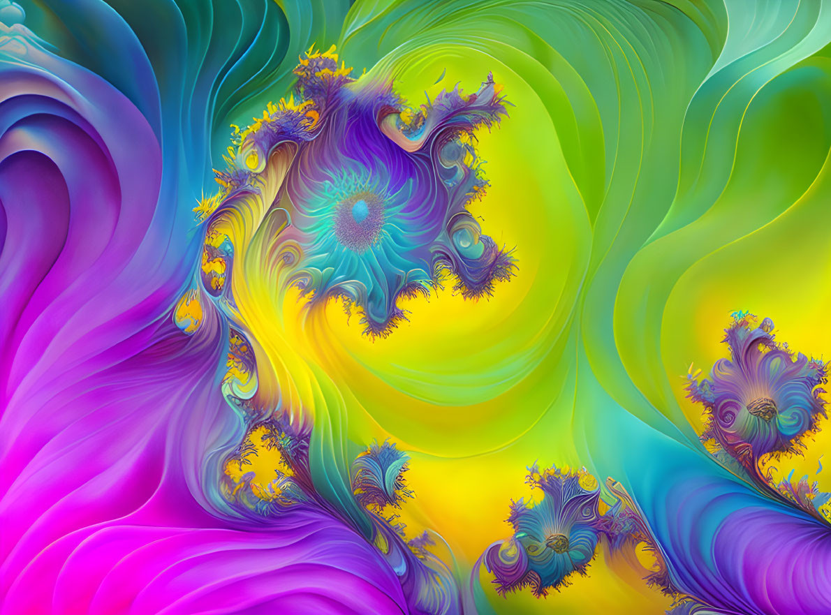 Colorful Abstract Fractal Image with Flowing Patterns in Purple, Green, Blue, and Yellow