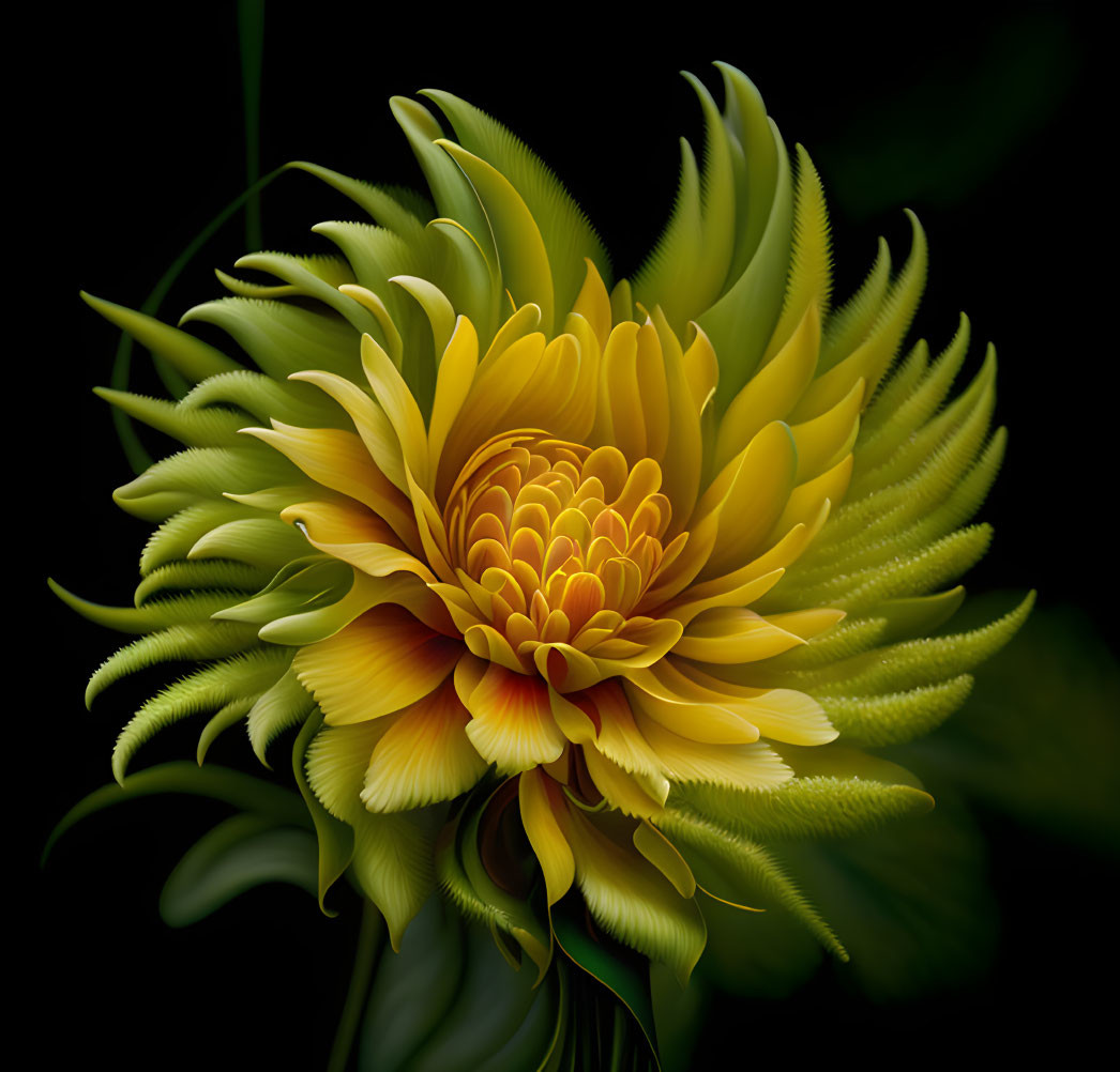 Yellow Dahlia Flower with Layered Petals on Dark Background