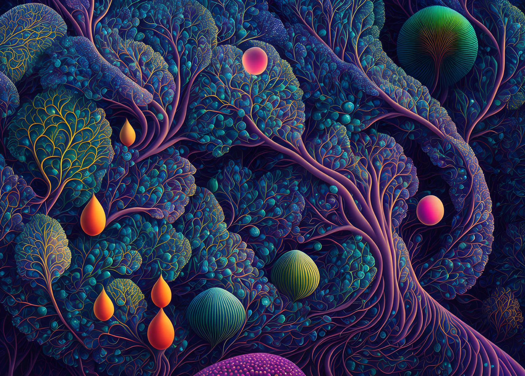 Colorful fantasy forest with glowing orbs and intricate trees