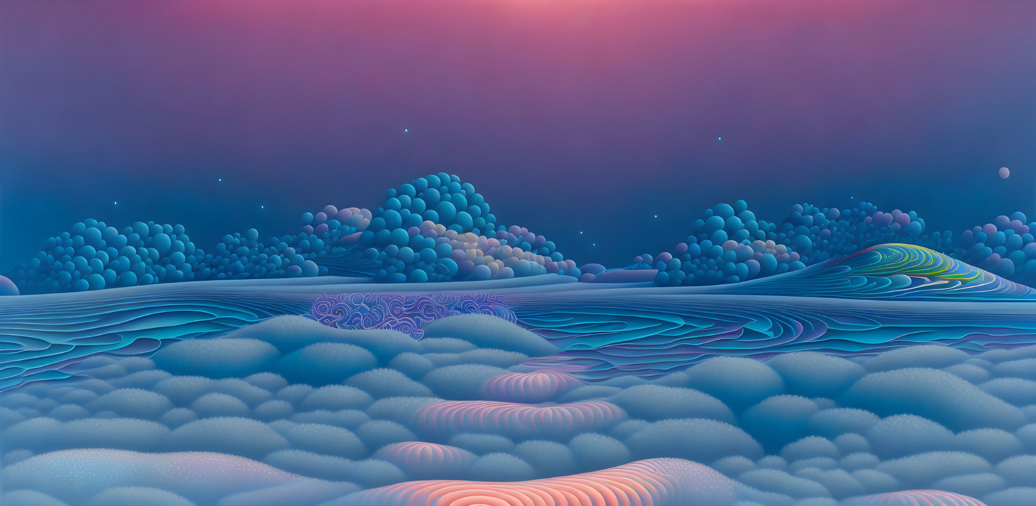 Colorful digital artwork: Waves and clouds in blue, purple, and pink.