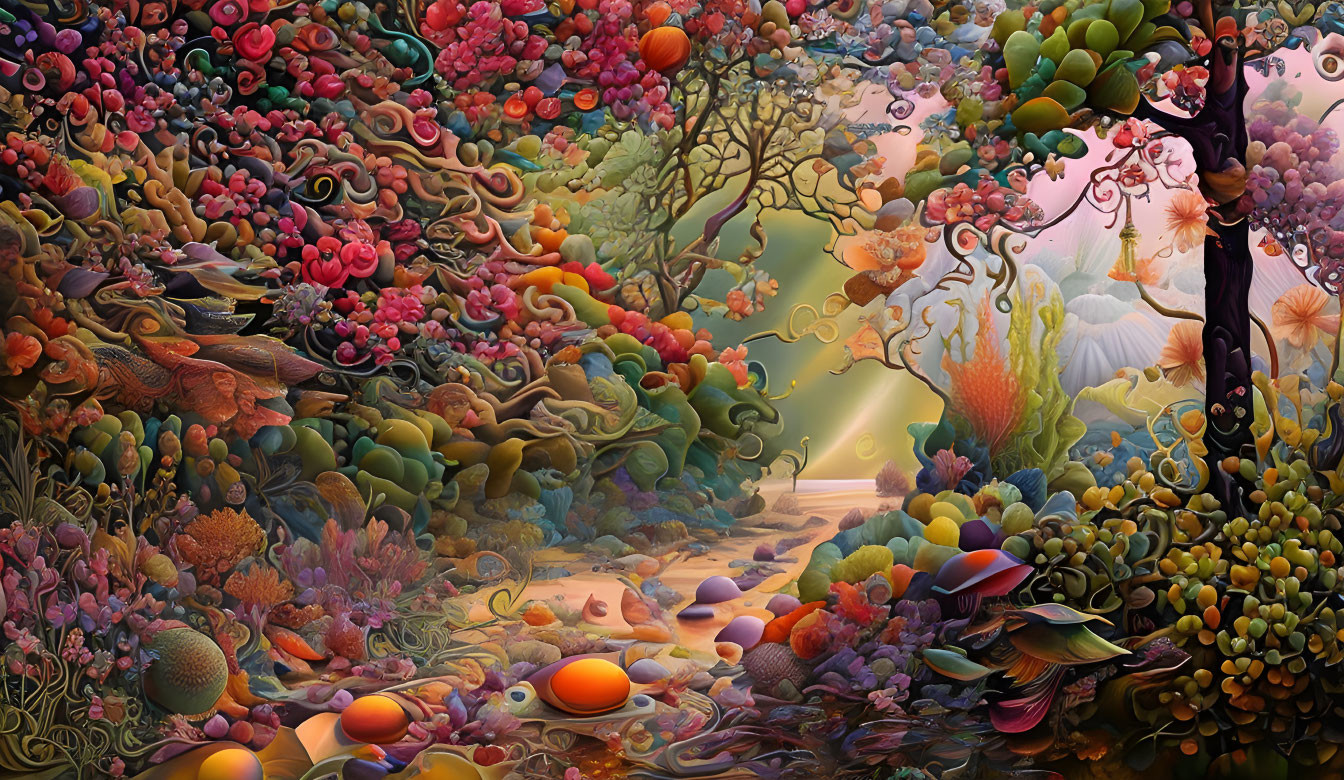 Colorful fantasy landscape with whimsical fish and fruit creatures.