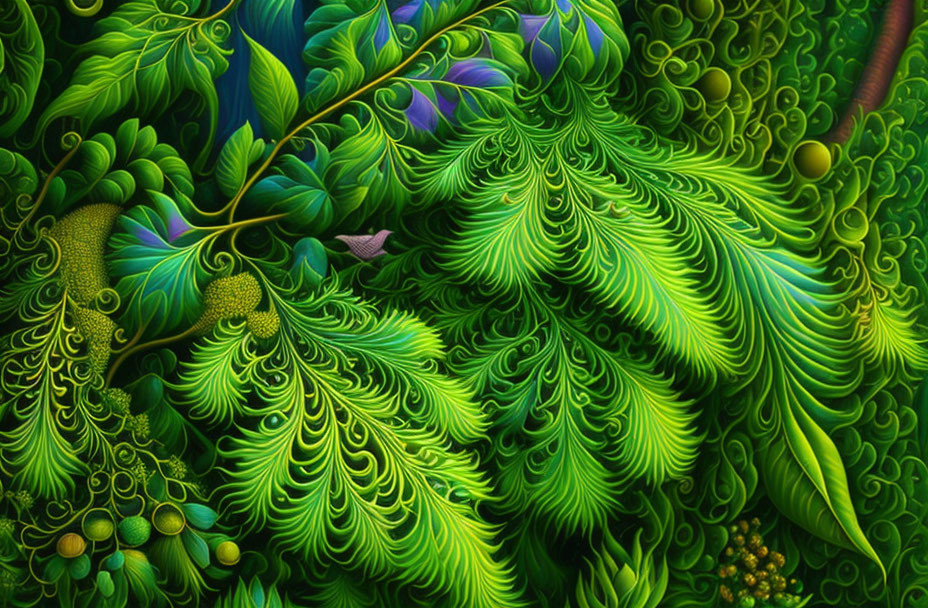 Colorful digital artwork with green leaf patterns and purple highlights.