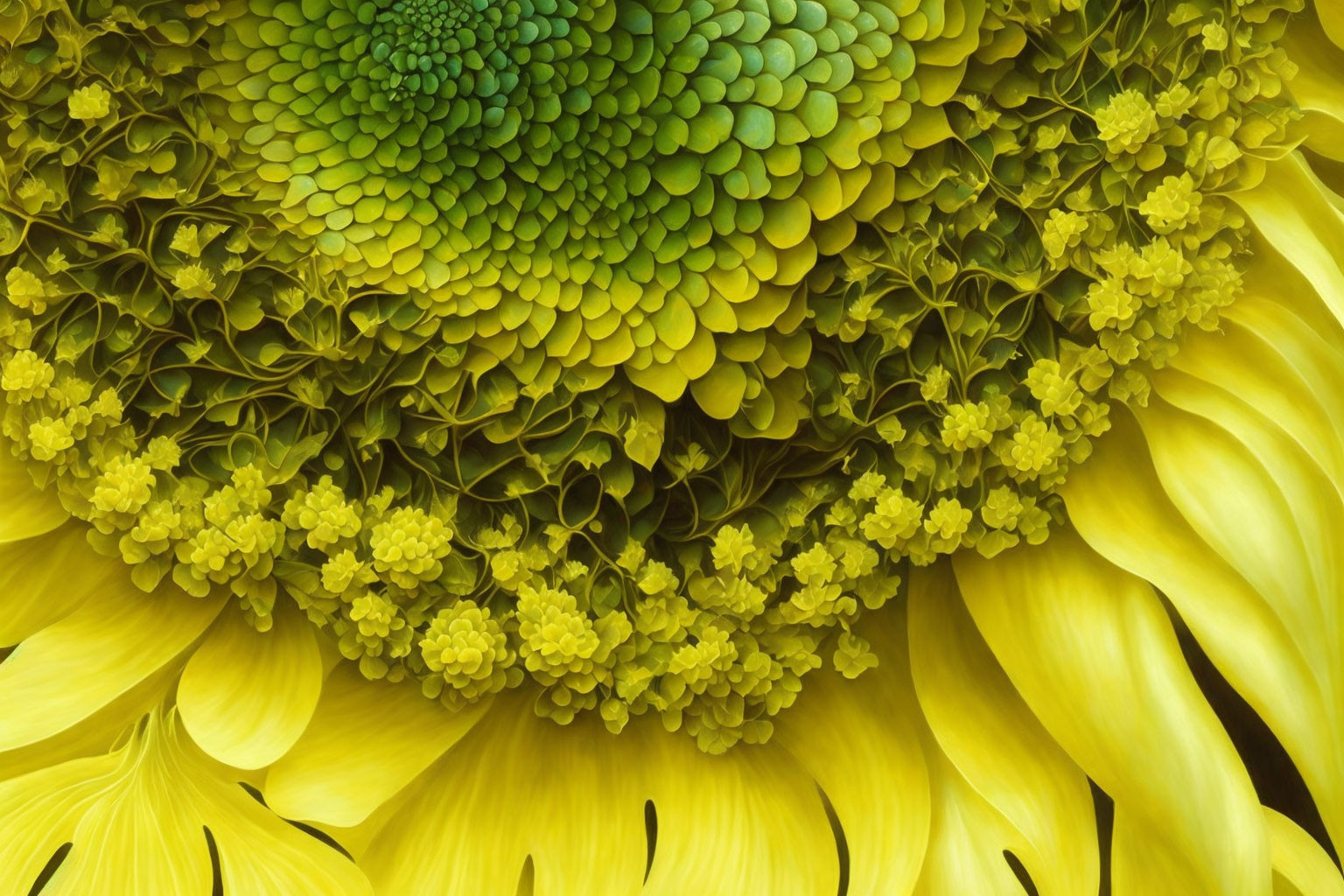 Detailed view of vibrant sunflower petals and green center with disk florets