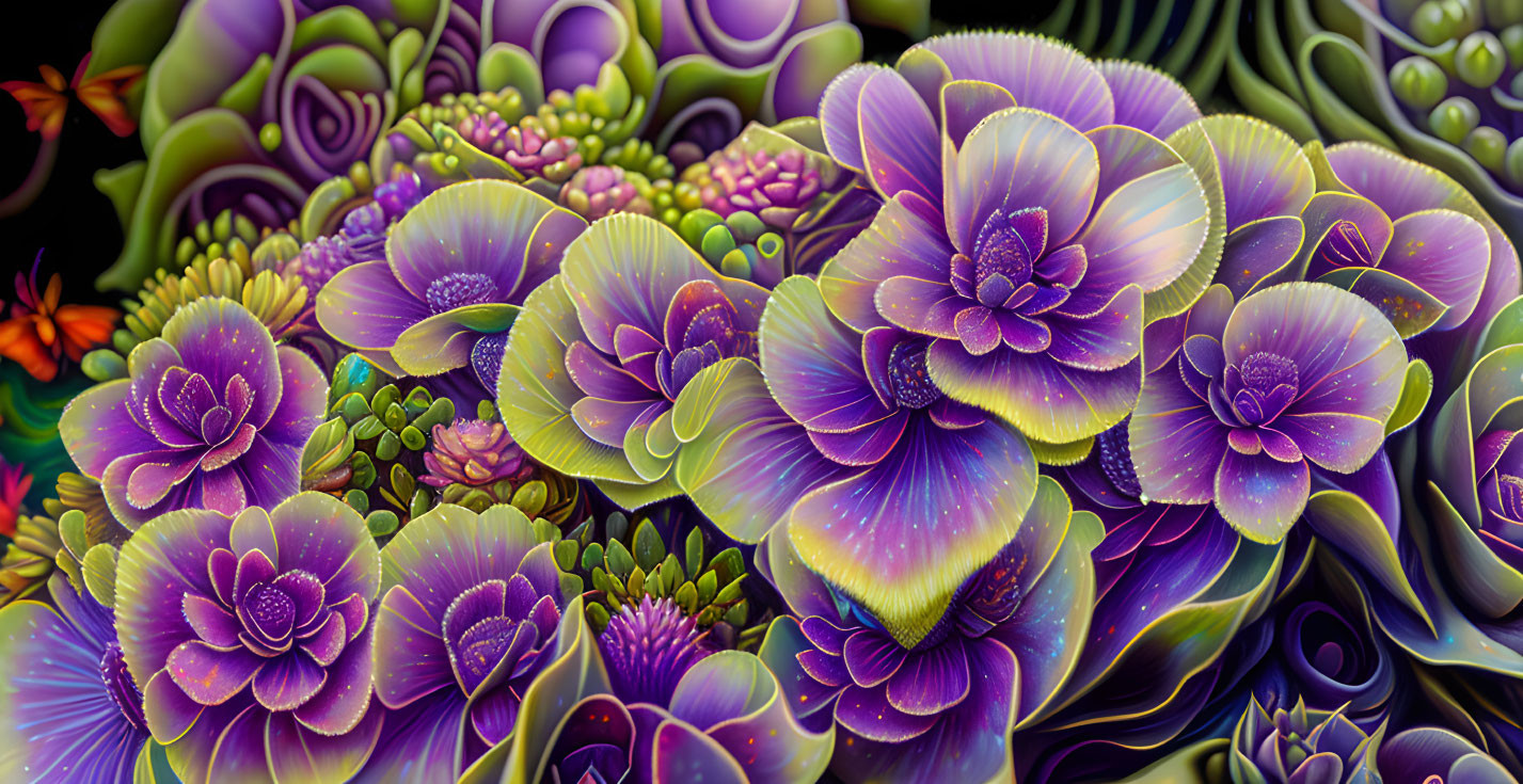 Detailed Digital Art: Fantastical Purple & Green Flowers on Dark Background