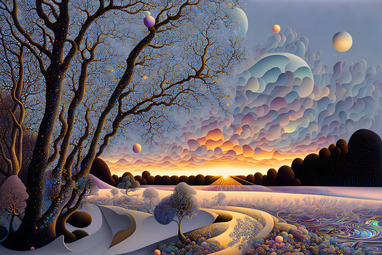 Surreal landscape with intricate trees and celestial orbs at vibrant sunset