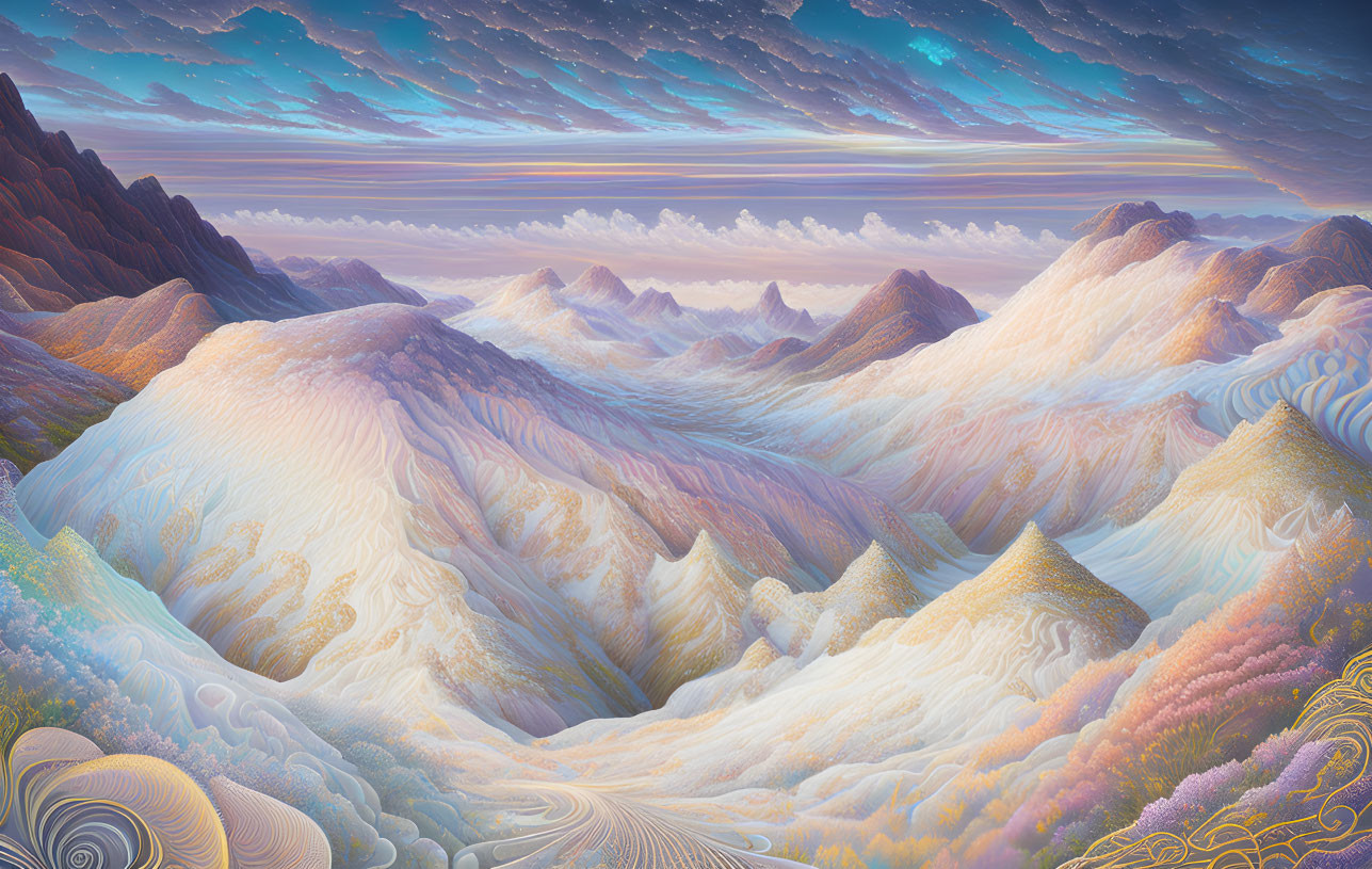 Surreal Pastel Mountains and Wavy Sky Landscape