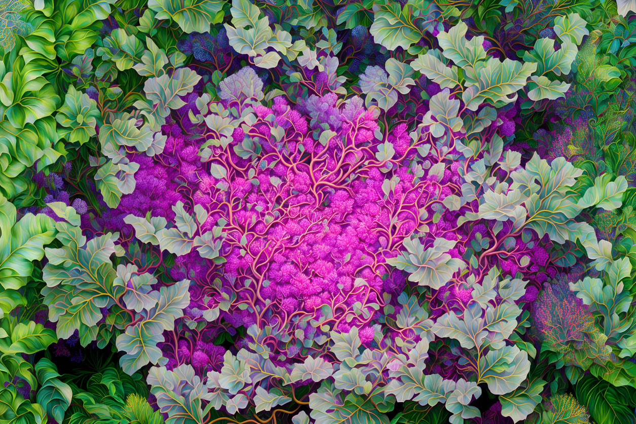 Detailed digital art: Purple flowers, green foliage, symmetrical fractal pattern