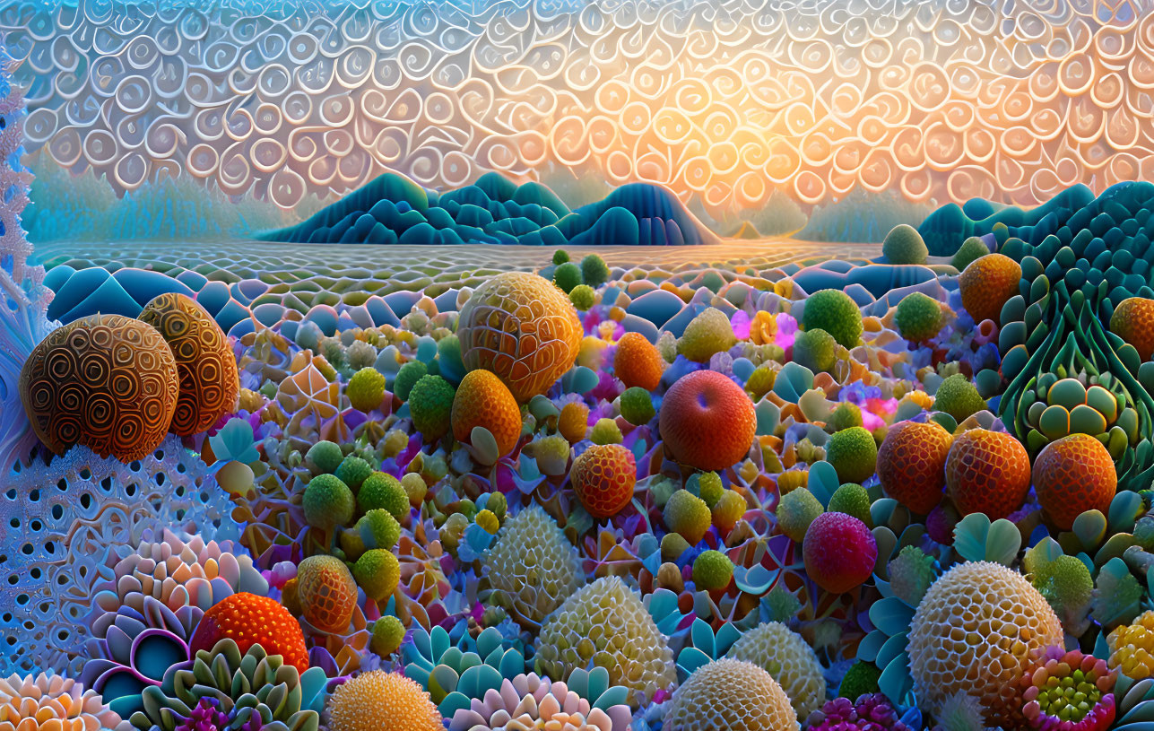 Colorful Landscape with Textured Spheres and Organic Shapes