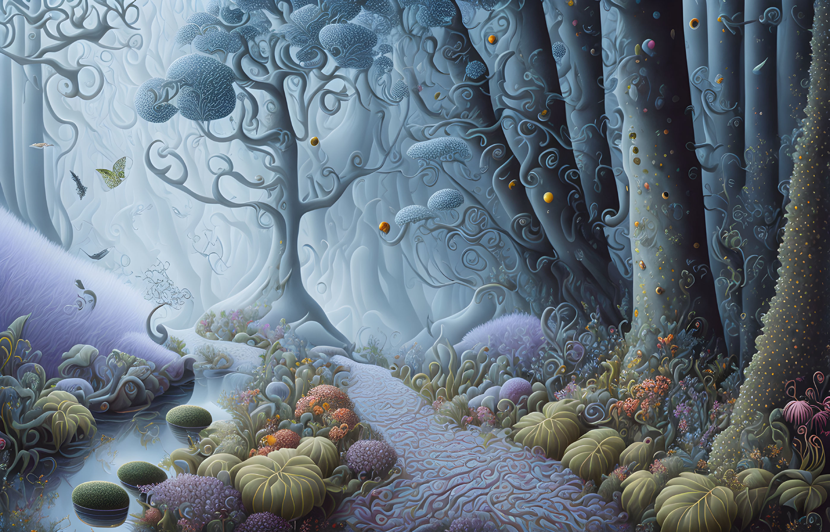 Ethereal forest with whimsical trees and glowing orbs