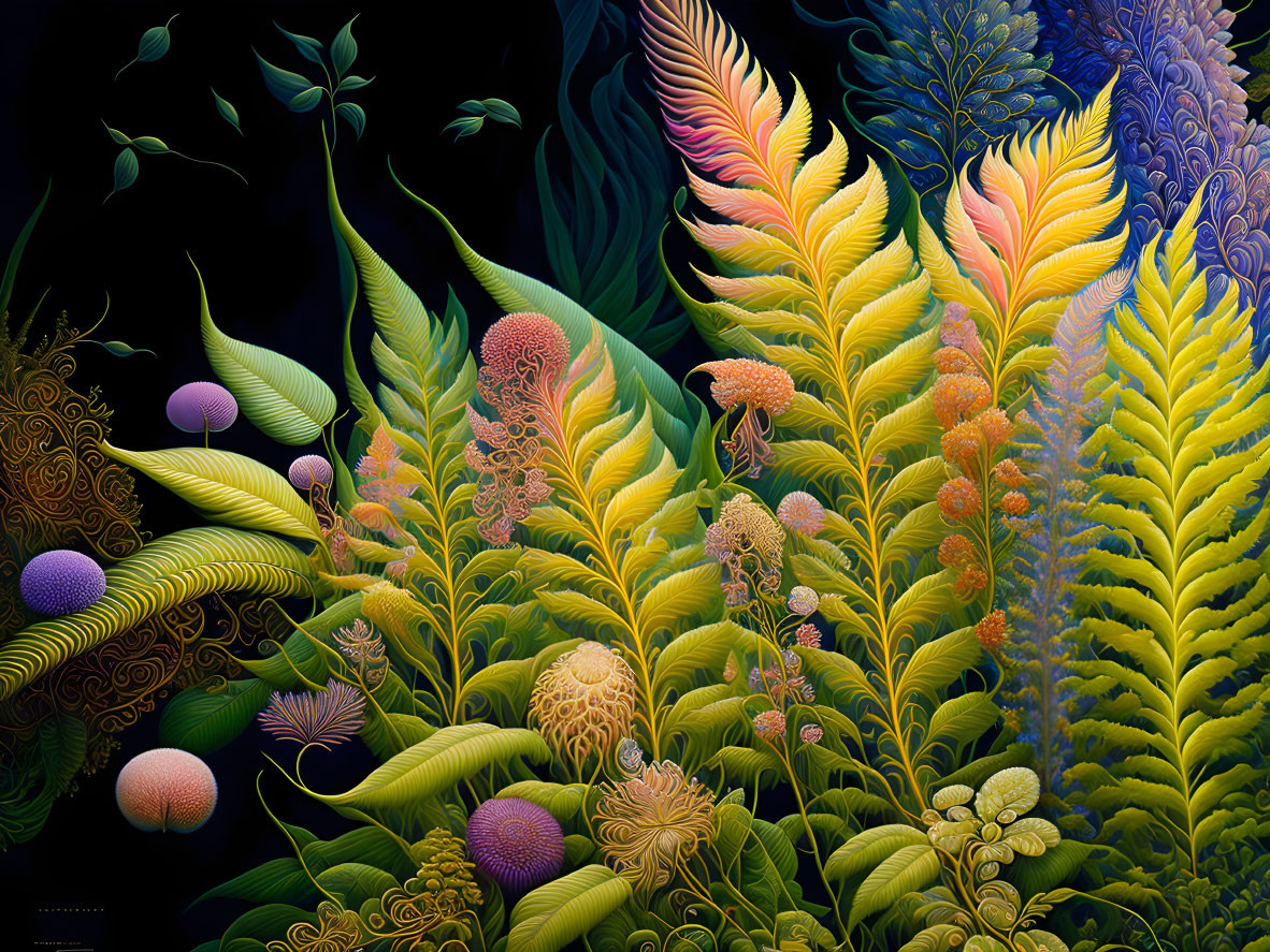 Colorful digital artwork of lush, fantastical garden with intricate plants and ferns on dark background