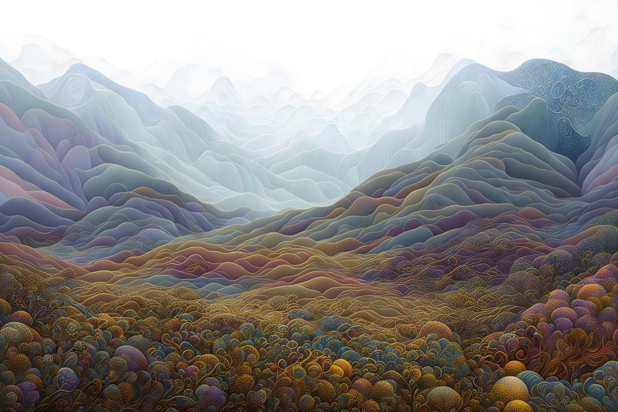 Stylized digital artwork: Layered mountain ranges, intricate patterns, pastel colors