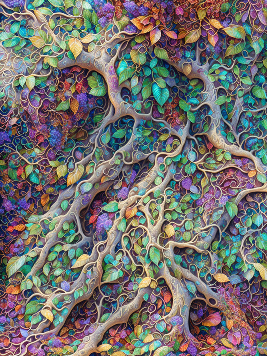 Colorful tree art with intricate design and textured background