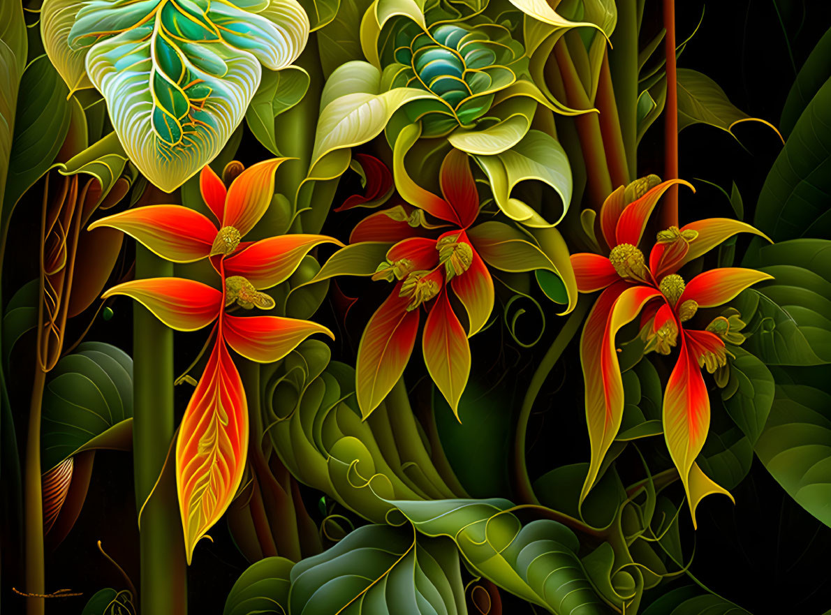 Colorful digital artwork: lush jungle with red and yellow flowers & green foliage