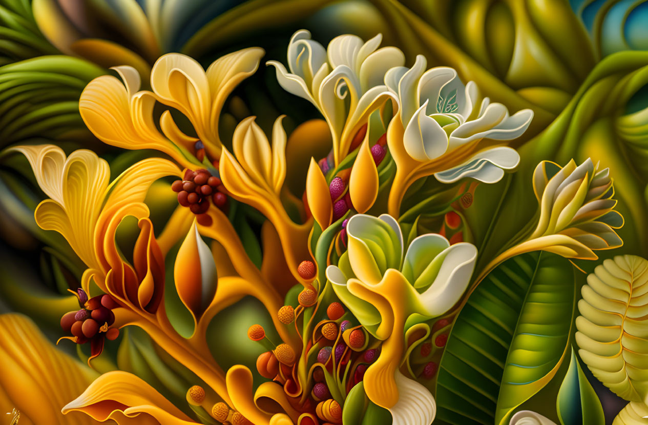 Colorful digital art: stylized botanical elements with glossy finish