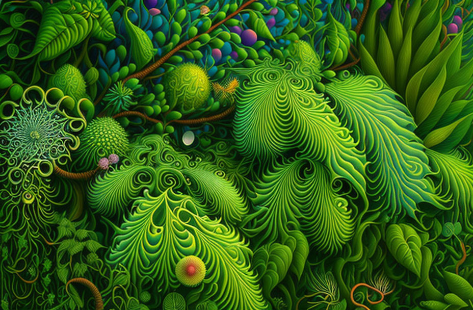 Detailed illustration of lush green fantasy forest scene