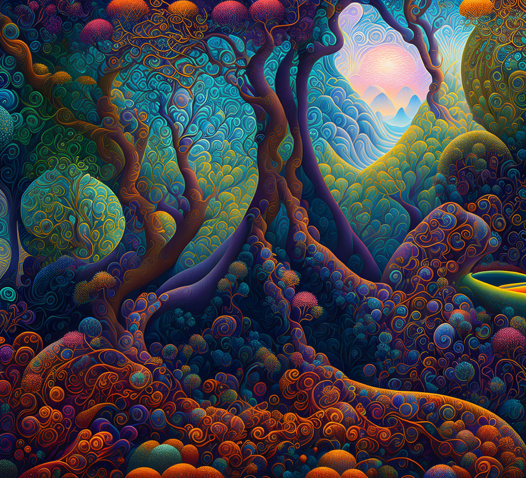 Colorful Psychedelic Forest with Swirling Patterns & Textured Landscape