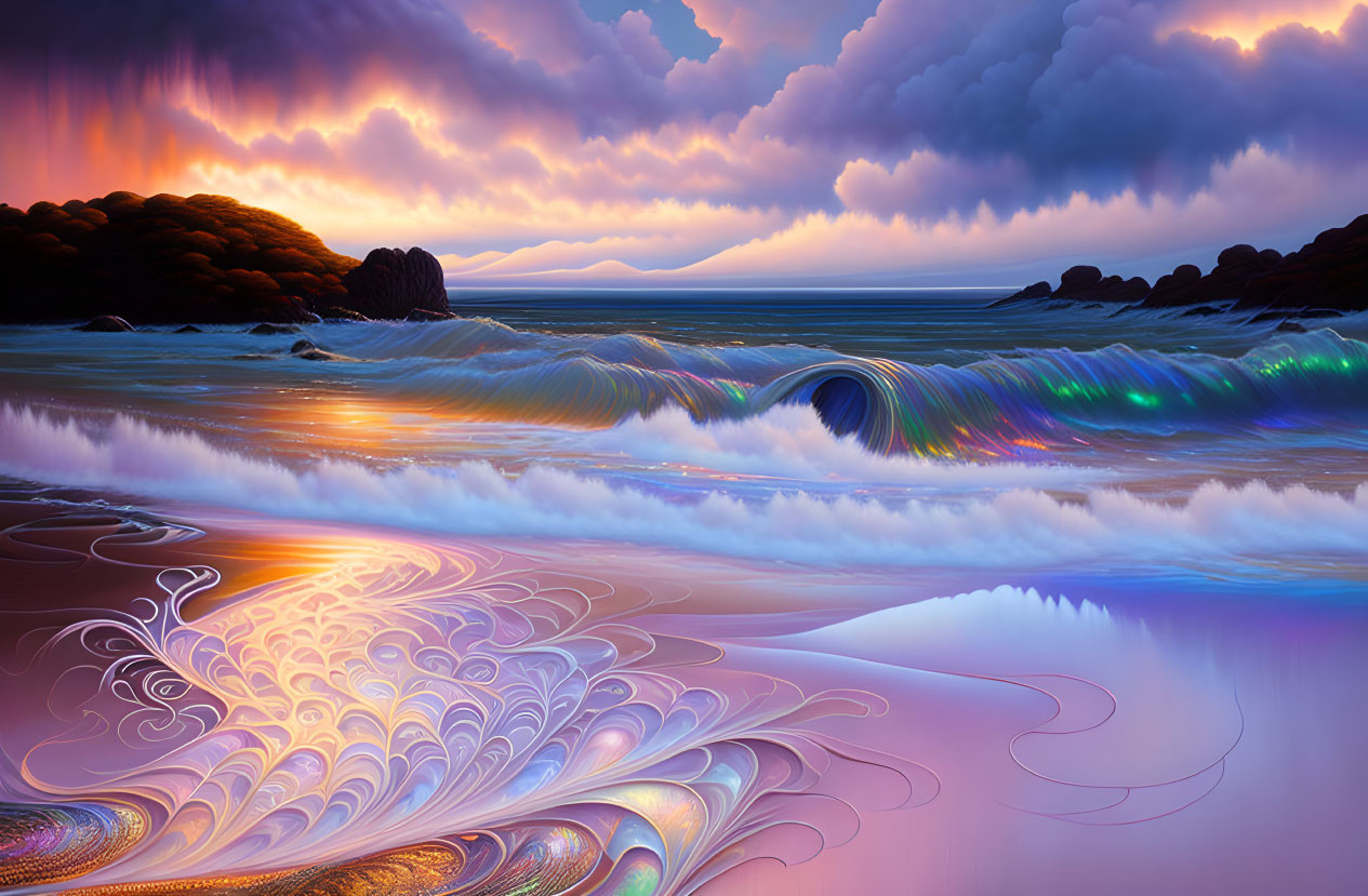 Colorful Waves and Surreal Ocean Landscape at Sunset