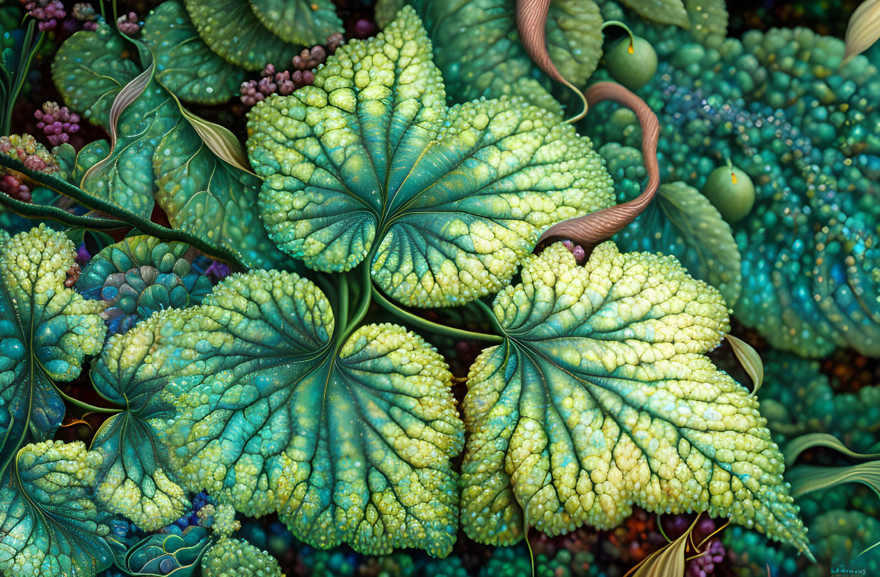 Colorful Fractal Green and Blue Leaves with Berry Accents