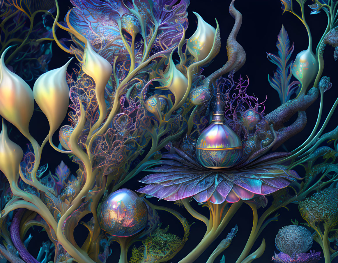 Surreal digital artwork of luminous sea life and flora with metallic textures