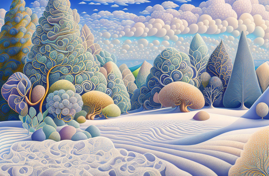 Surreal landscape with patterned trees and rolling hills in cool blues and yellows