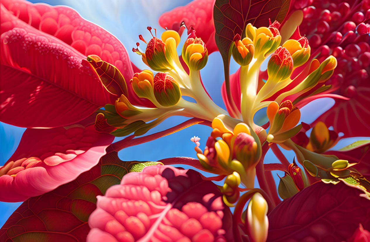 Detailed digital art of blossoming red flowers with yellow-green stamens against a blue sky